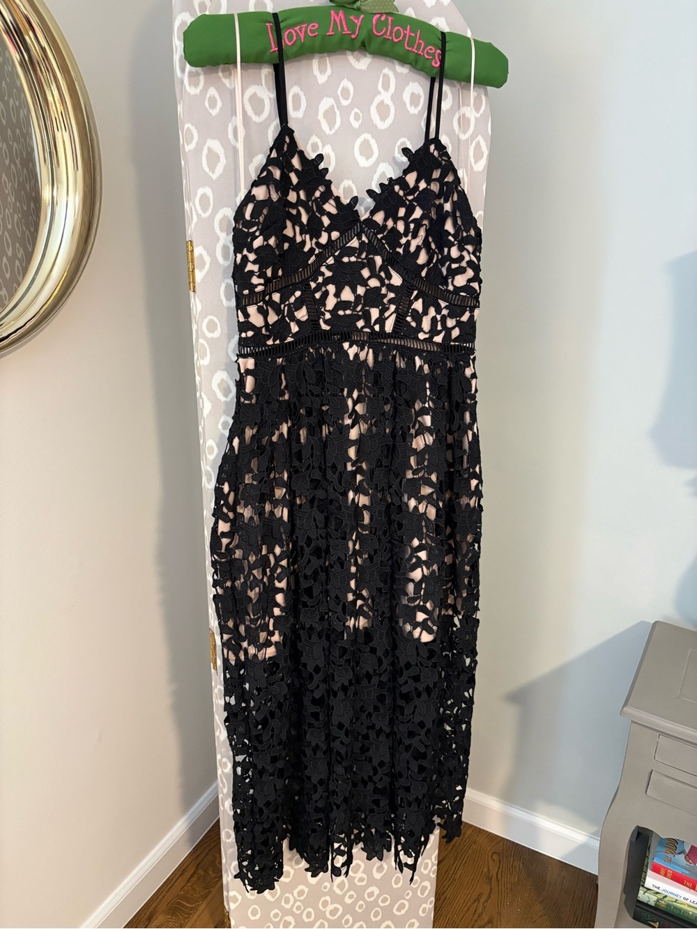 Aqua Black Lace Overlay Midi Dress with Nude Underlay